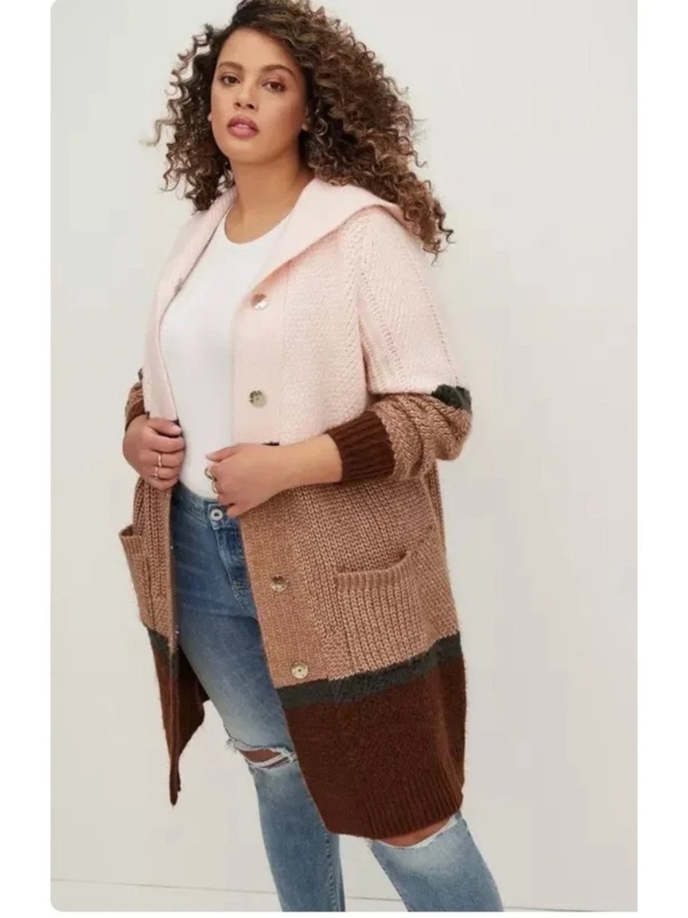 Torrid Cozy Colorblock Hooded Knit Cardigan Sweater - Pink & Brown